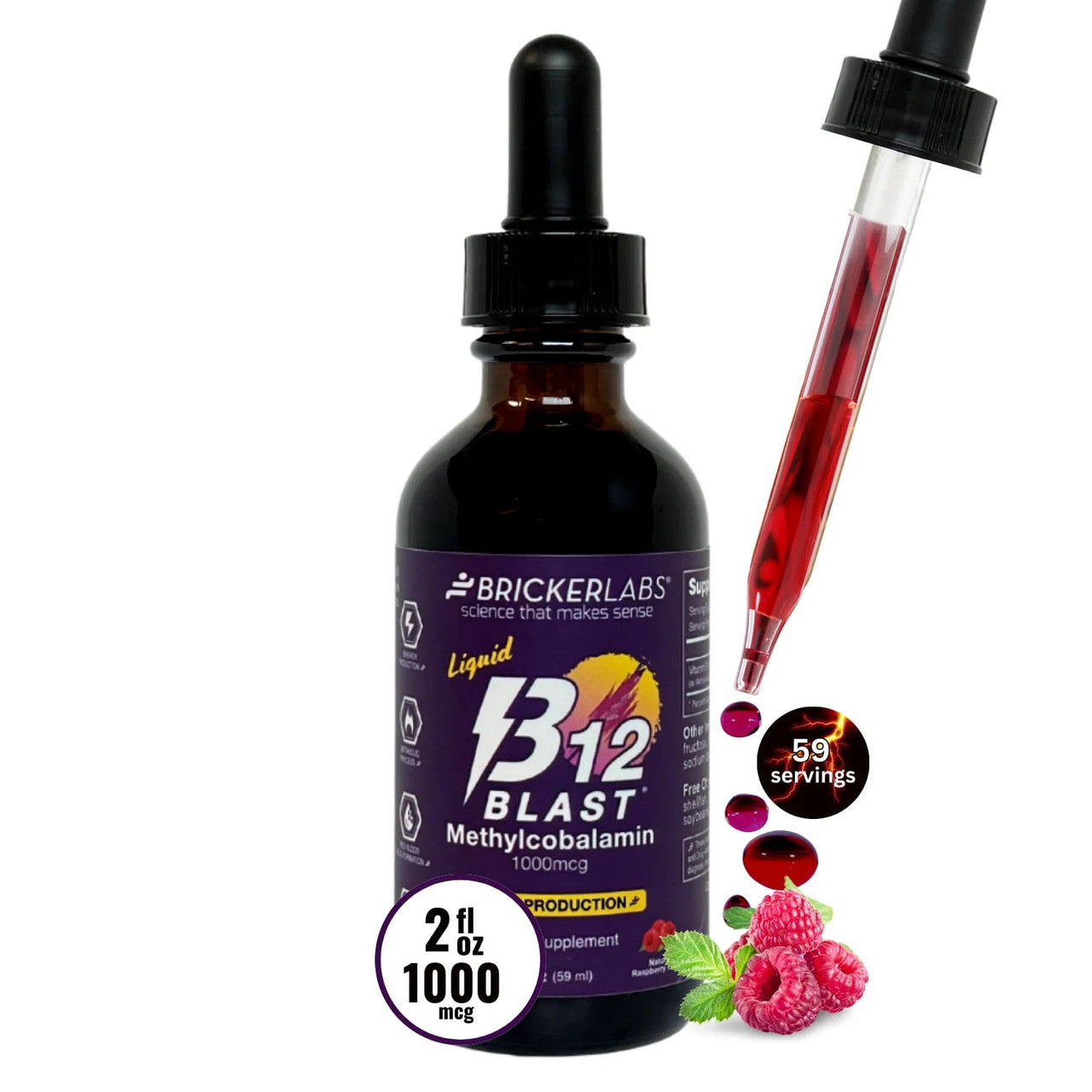 Bricker Labs B-12 Blast Methylcobalamin Vitamins, Natural Raspberry, 2 Oz
